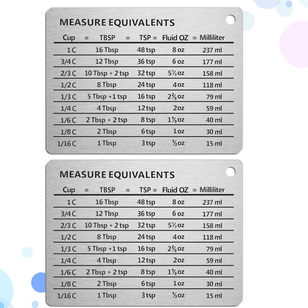 2pcs Stainless Steel Measure Equivalent Measurement Conversion Chart Oz and Milliliters Measuring Conversion Refrigerator Magnet
2pcs Stainless Steel Measure Equivalent Measurement Conversion Chart Oz and Milliliters Measuring Conversion Refrigerator Magnet