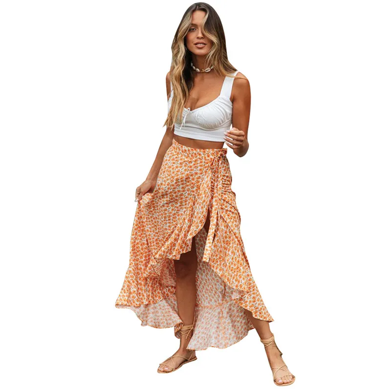 Женская юбка с цветочным принтом летняя пляжная Повседневная оранжевая на