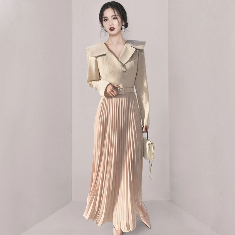 Spring New Korean Style Long Skirt Suit Collar Long Sleeve Waist Closing Stitching Pleated Skirt Fashion Party Dress With Belt
Spring New Korean Style Long Skirt Suit Collar Long Sleeve Waist Closing Stitching Pleated Skirt Fashion Party Dress With Belt