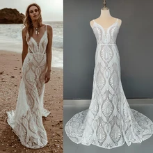 Beach Spaghetti Straps Lace Wedding Party Gowns Backless Custom Made Destination Deep V-Neck Rustic Long Mermaid Bridal Dress