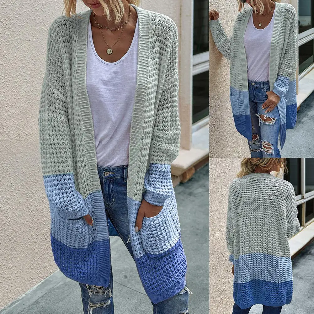 Women Streetwear Open Front Knit Cardigan Solid Color Block Striped Sweater Long Outerwear
Women Streetwear Open Front Knit Cardigan Solid Color Block Striped Sweater Long Outerwear