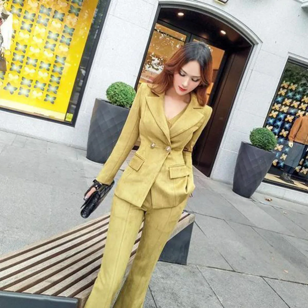 Fashion Pants Suit Female Spring Fall New High-quality Yellow Single Button Blazer And Vest Suit Trousers Women Three-piece
Fashion Pants Suit Female Spring Fall New High-quality Yellow Single Button Blazer And Vest Suit Trousers Women Three-piece
