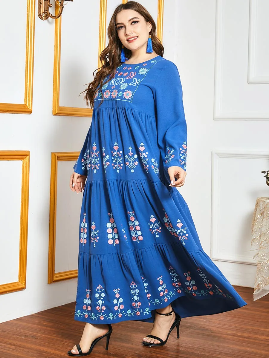 Ethnic Embroidery Maxi Dresses for Women Blue O Neck Long Sleeve Comfortable Plus Size Muslim Oman Arabic Clothes Eid
Ethnic Embroidery Maxi Dresses for Women Blue O Neck Long Sleeve Comfortable Plus Size Muslim Oman Arabic Clothes Eid