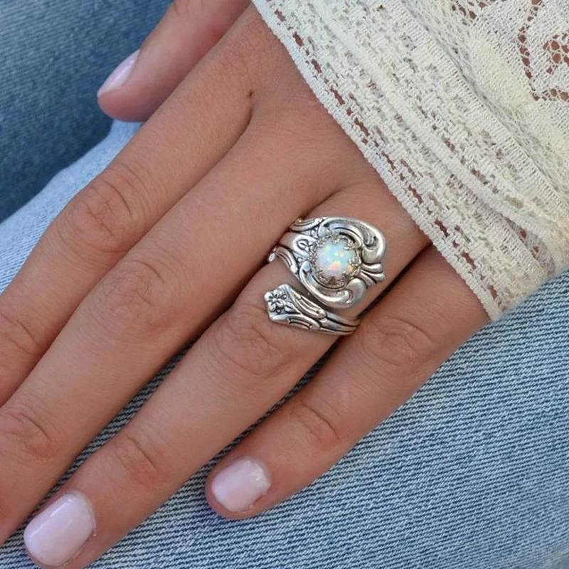

Vintage Style Cabochon Opal Spoon Ring, Boho Flowery Spoon Thumb Rings for Women Girl, Birthstone White Fire Opal Wedding IK49I