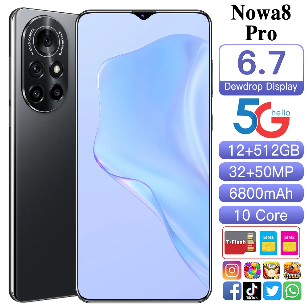 5G Smart Mobile Cell Phone Hot Sale Nowa8 Pro 6.7Inch MTK6889 10Core 32MP+50MP 8+256GB Face Unlock 6800MAH Dual SIM Android 11.0
5G Smart Mobile Cell Phone Hot Sale Nowa8 Pro 6.7Inch MTK6889 10Core 32MP+50MP 8+256GB Face Unlock 6800MAH Dual SIM Android 11.0