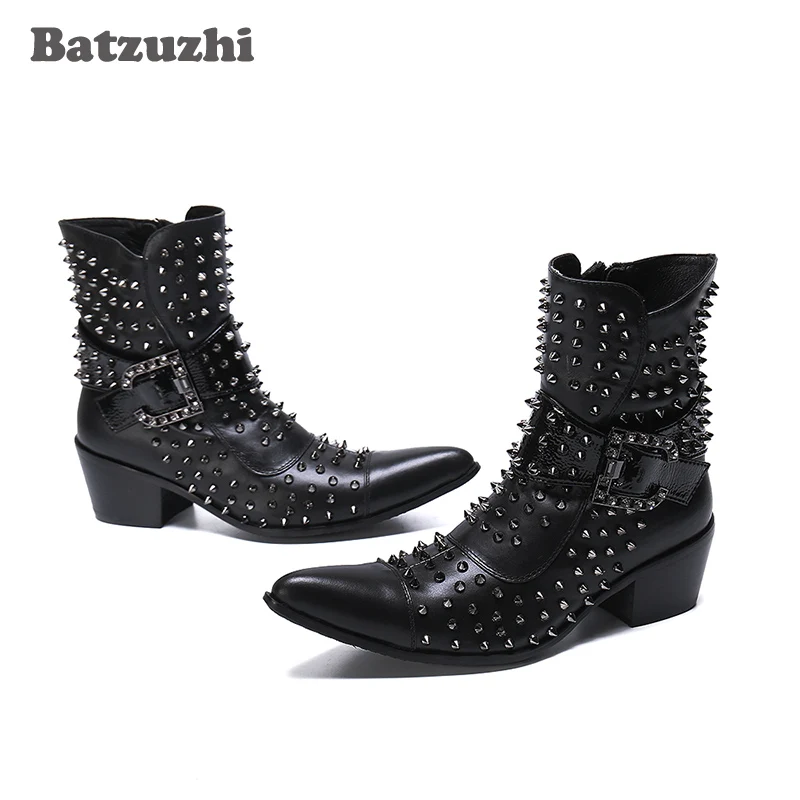 

Batzuzhi Rock Punk Rivets Western Boots Men Leather Boots Men Military Spikes Men botas hombre Motorcycle, Big Sizes EUR38-46