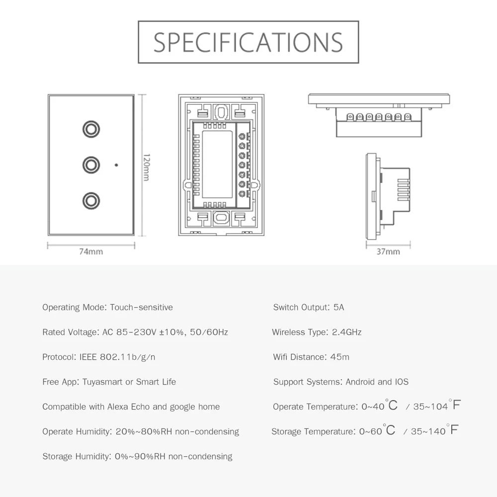 WiFi Light Switch 3 Gang 2.4GHz Wifi One-key Connection Support APP Remote Control No Hub Required Compatible with Alex Home
WiFi Light Switch 3 Gang 2.4GHz Wifi One-key Connection Support APP Remote Control No Hub Required Compatible with Alex Home