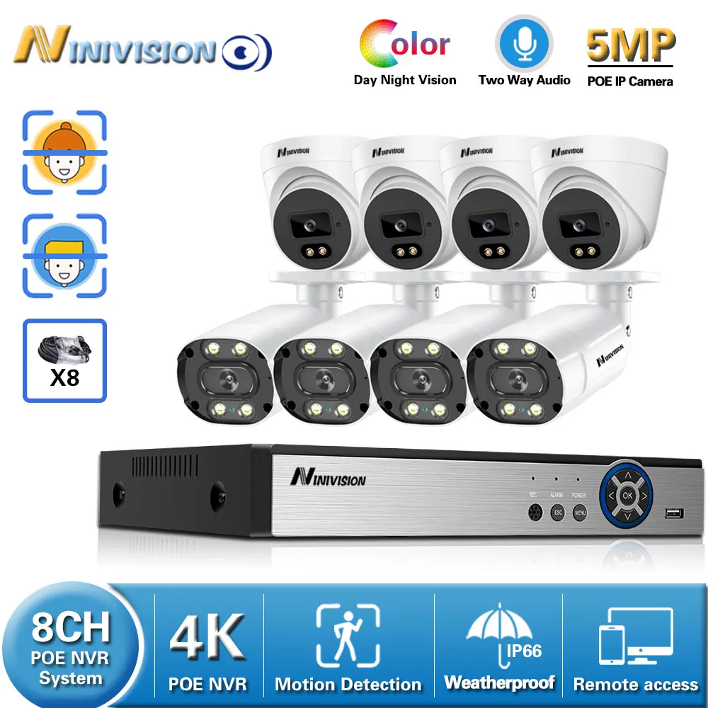 

4K 8CH 5MP Security Camera System CCTV Video Surveillance Kit Outdoor IP Camera POE NVR AI Human Detected Two-way Audio P2P