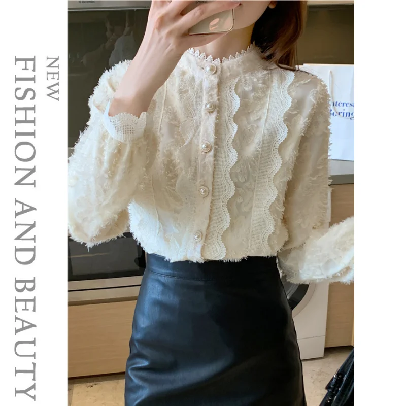 Autumn Winter New Korean Women's Fashion Plus Velvet Thickening Stand Collar Bottoming Blouse Shirt Lace Stitching Elegant Top 
Autumn Winter New Korean Women's Fashion Plus Velvet Thickening Stand Collar Bottoming Blouse Shirt Lace Stitching Elegant Top