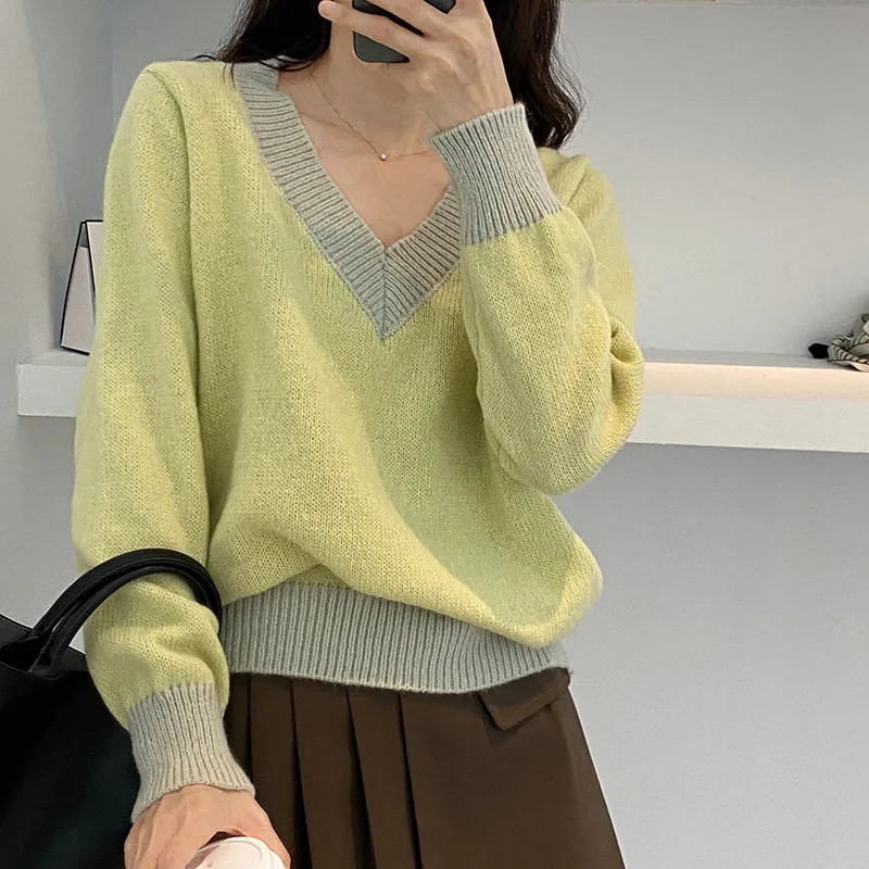 2021 Fall and Winter Women's Sweater Korean Urban Casual Loose One Size V-neck Outer Wear Contrasting Color Knitted Pullover
2021 Fall and Winter Women's Sweater Korean Urban Casual Loose One Size V-neck Outer Wear Contrasting Color Knitted Pullover