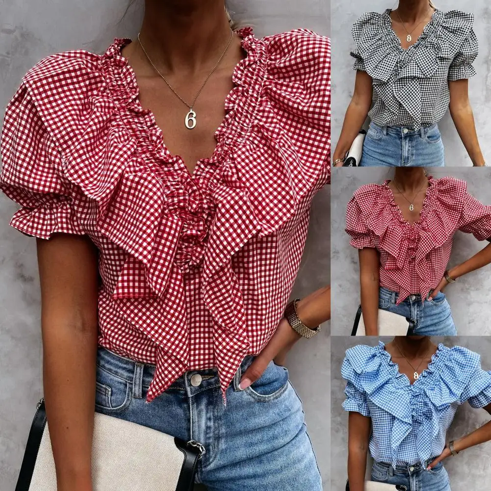Women Popular T-shirt Plaid Ruffled Summer Puff Sleeve Pleated Breathable V Neck Short Sleeve Top for Daily Wear
Women Popular T-shirt Plaid Ruffled Summer Puff Sleeve Pleated Breathable V Neck Short Sleeve Top for Daily Wear