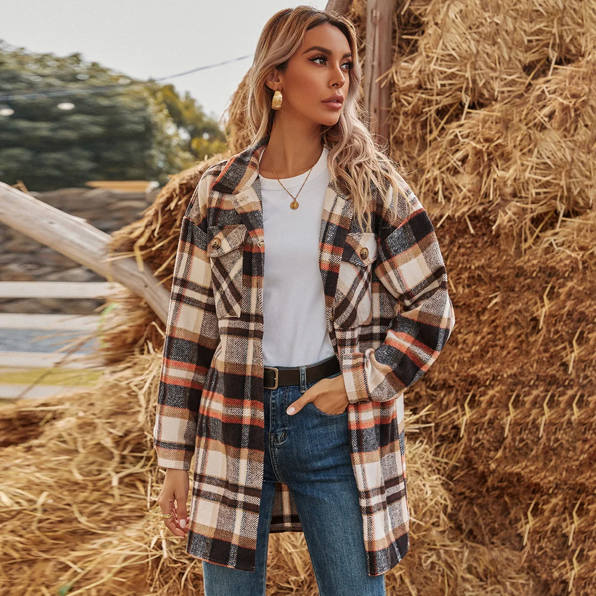 DUYIT Irregular Plaid Stitching Pocket All-Match Casual Shirt New Women's Lapel Loose Long Thin Coat 
DUYIT Irregular Plaid Stitching Pocket All-Match Casual Shirt New Women's Lapel Loose Long Thin Coat
