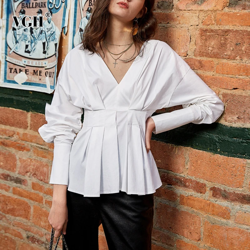 VGH White Casual Shirts For Women High Waist Pleated V Neck Long Sleeve Plain Slim Blouses Female 2021 Autumn Clothing Fashion
VGH White Casual Shirts For Women High Waist Pleated V Neck Long Sleeve Plain Slim Blouses Female 2021 Autumn Clothing Fashion