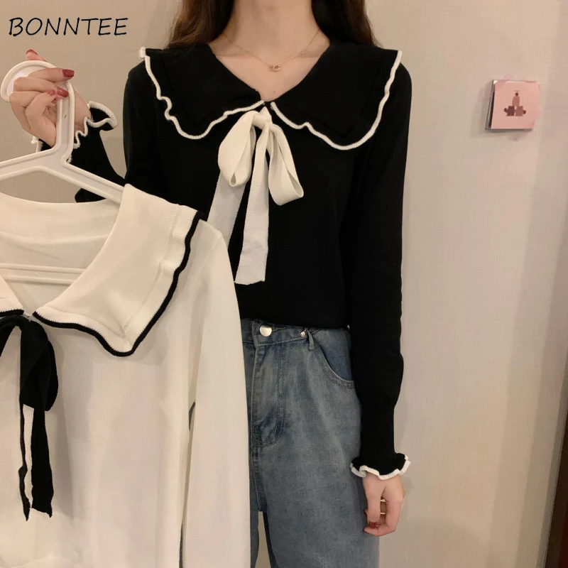 Pullovers Women Preppy Style Peter Pan Collar Students Kawaii Design Casual Knitting Sweater Ins Chic Ulzzang Bow Femme Younger
Pullovers Women Preppy Style Peter Pan Collar Students Kawaii Design Casual Knitting Sweater Ins Chic Ulzzang Bow Femme Younger