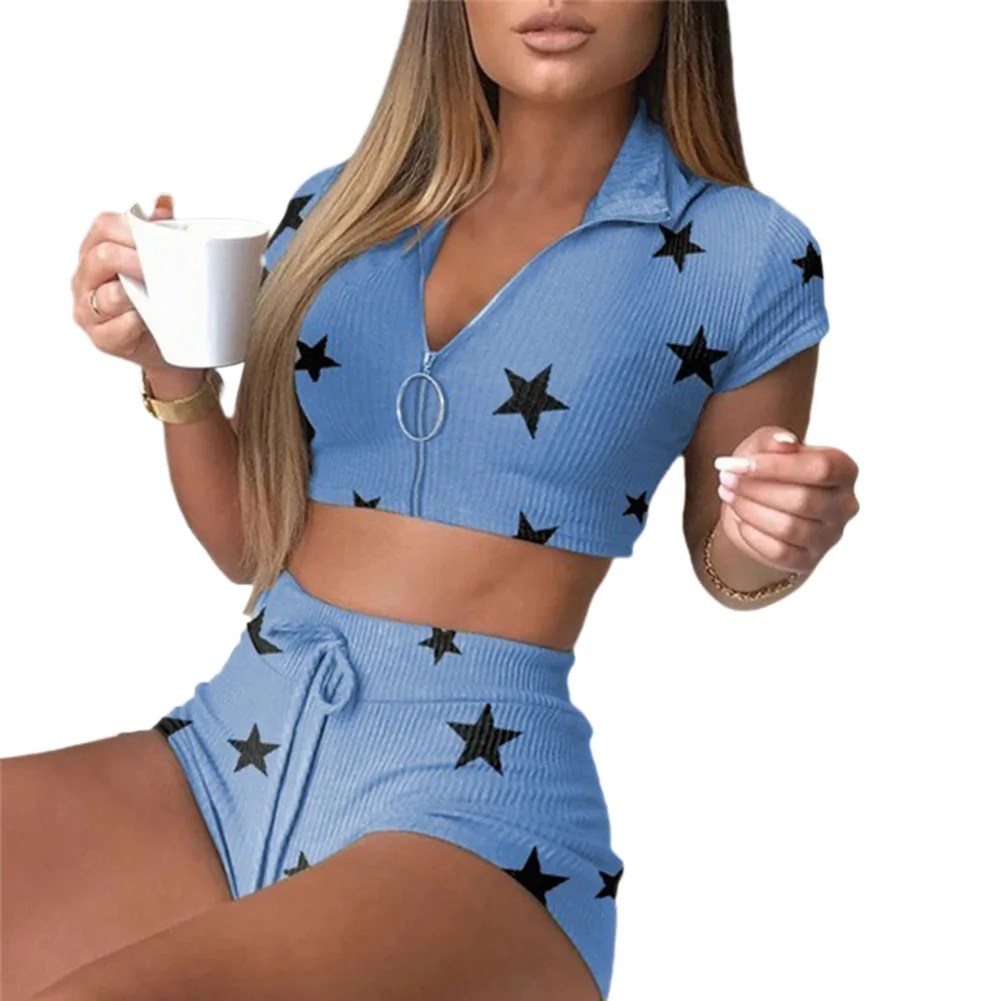 2PCS Women Star Print Outfit Short Sleeve Zipper Lapel Crop Top Drawstring Shorts Set Casual Style Knitwear Outfits Sets
2PCS Women Star Print Outfit Short Sleeve Zipper Lapel Crop Top Drawstring Shorts Set Casual Style Knitwear Outfits Sets