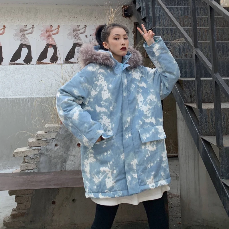 2019 женская зимняя куртка свободная Harajuku утепленная камуфляжная с капюшоном и