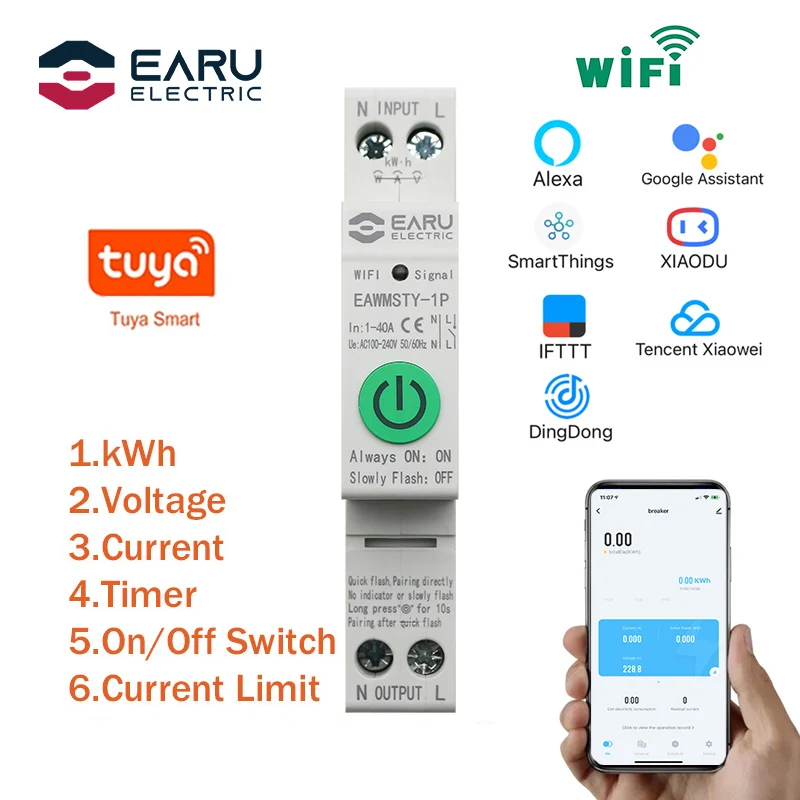 1P+N Tuya WiFi Smart Circuit Breaker Energy Power kWh Meter Timer Time Switch Relay Voltmeter Current RCCB RCBO
1P+N Tuya WiFi Smart Circuit Breaker Energy Power kWh Meter Timer Time Switch Relay Voltmeter Current RCCB RCBO