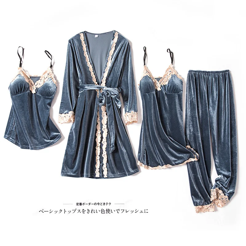 

Velour Robe Suit Spring Pajamas Gown Set Womens V-Neck Cami Nighties 2PC Wear Pijama Velvet Home Nightwear Lingerie Nightdress