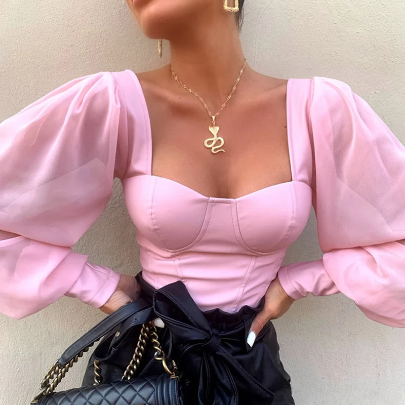 Retro Sexy Women Corset Tops Blouse Chiffon Sleeve Pu Leather Vintage Night Club Shirts Black Color Square Collar Autumn Outfits
Retro Sexy Women Corset Tops Blouse Chiffon Sleeve Pu Leather Vintage Night Club Shirts Black Color Square Collar Autumn Outfits