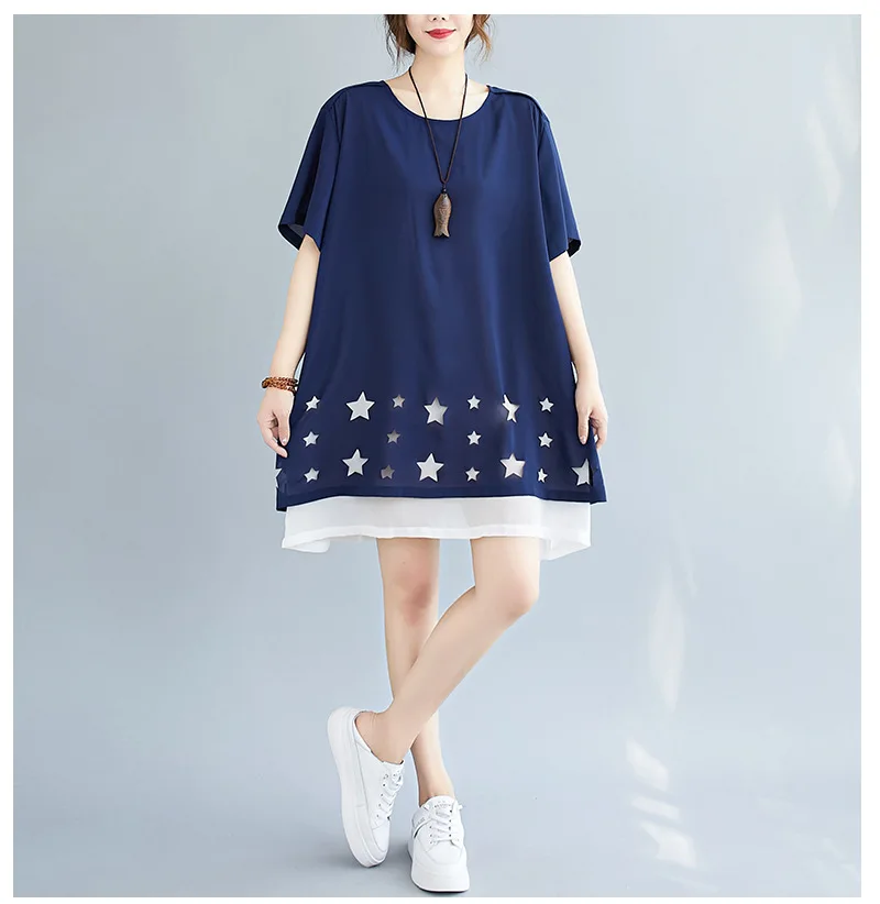 2020 summer new style 300 kg plus size women's fat MM loose and thin round neck star chiffon dress
2020 summer new style 300 kg plus size women's fat MM loose and thin round neck star chiffon dress