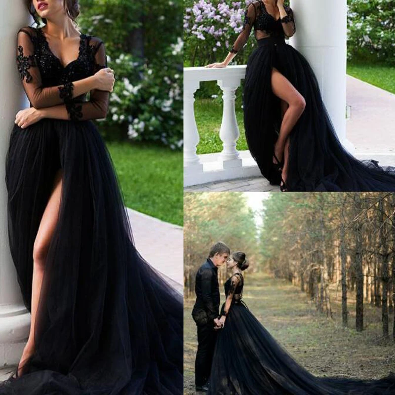 New Arrival V-Neck Black Tulle Wedding Dresses With High Slit Lace Appliqued Wedding Gowns Court Train Bridal Gowns Beach
New Arrival V-Neck Black Tulle Wedding Dresses With High Slit Lace Appliqued Wedding Gowns Court Train Bridal Gowns Beach