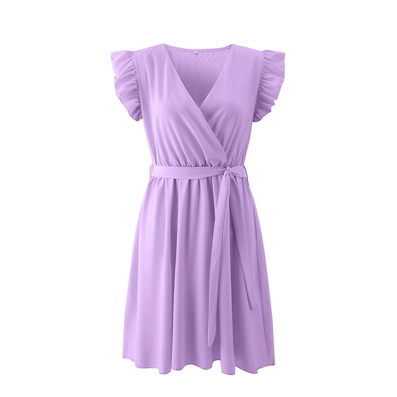 Women Summer V Neck Ruffle Sleeve Dress Femme Solid Color Sashes Short Sundress Casual A-line Office Dresses 2021 New
Women Summer V Neck Ruffle Sleeve Dress Femme Solid Color Sashes Short Sundress Casual A-line Office Dresses 2021 New