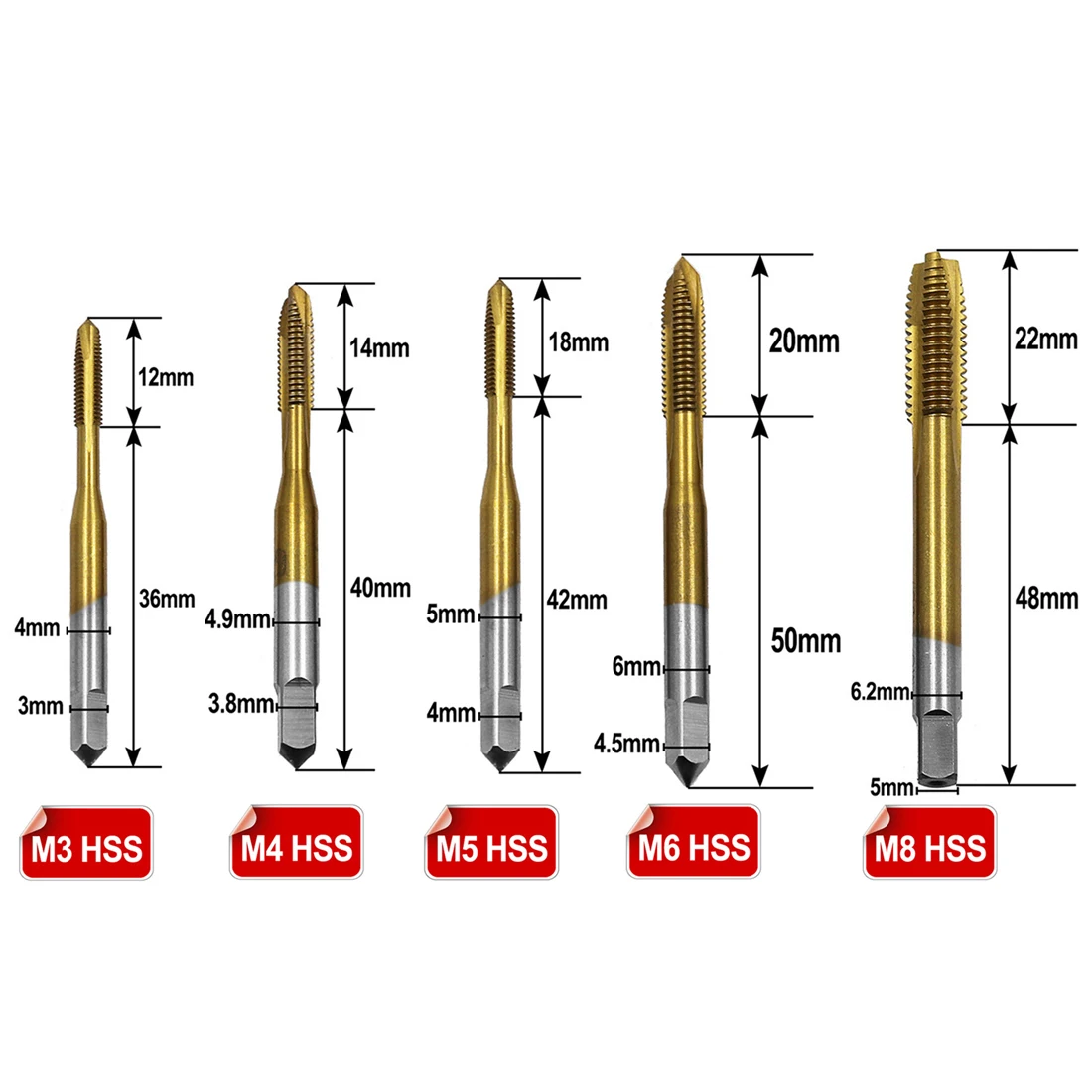 HSS Titanium Machine Right Hand Tap Drill 3 Flute M2 M2.5 M3 M3.5 M4 M5 M6 M8 Spiral Point Thread Plug Handle Taps Die Set
HSS Titanium Machine Right Hand Tap Drill 3 Flute M2 M2.5 M3 M3.5 M4 M5 M6 M8 Spiral Point Thread Plug Handle Taps Die Set