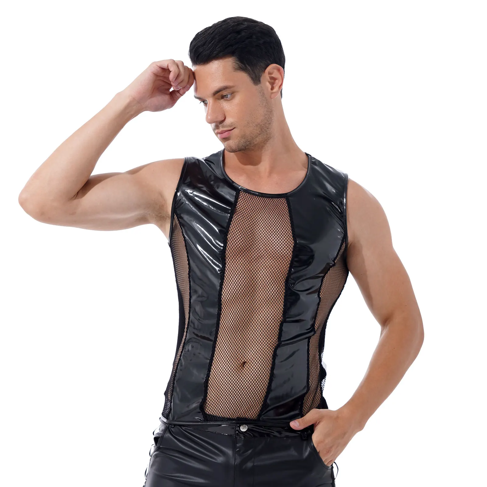 Patent Leather Fishnet Exotic Tanks Men Tops Summer Breathable See-Through Hollow Out Patchwork O Neck Sleeveless Vest Clubwear
Patent Leather Fishnet Exotic Tanks Men Tops Summer Breathable See-Through Hollow Out Patchwork O Neck Sleeveless Vest Clubwear