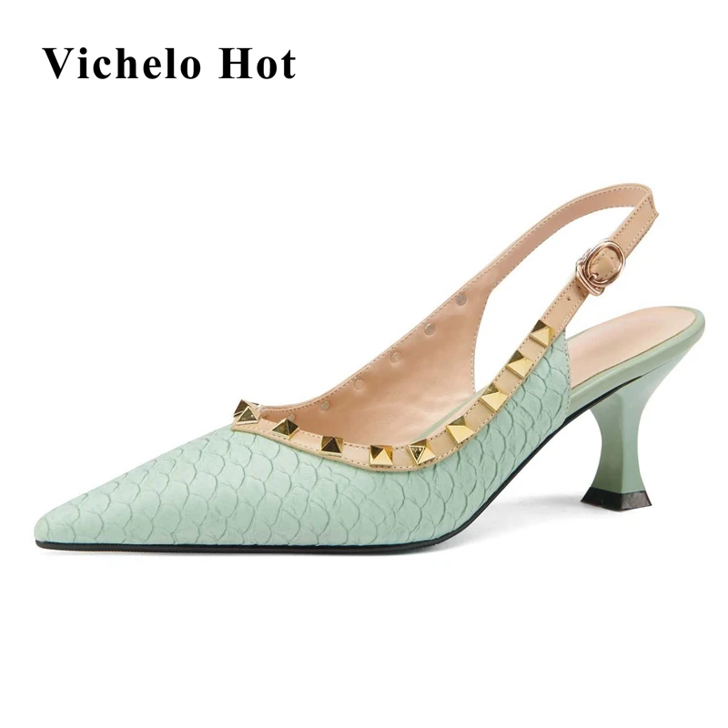 Vichelo Hot big size genuine leather pointed toe high heel fish pattern rivets shallow metal buckle straps summer sandals L2f6
Vichelo Hot big size genuine leather pointed toe high heel fish pattern rivets shallow metal buckle straps summer sandals L2f6