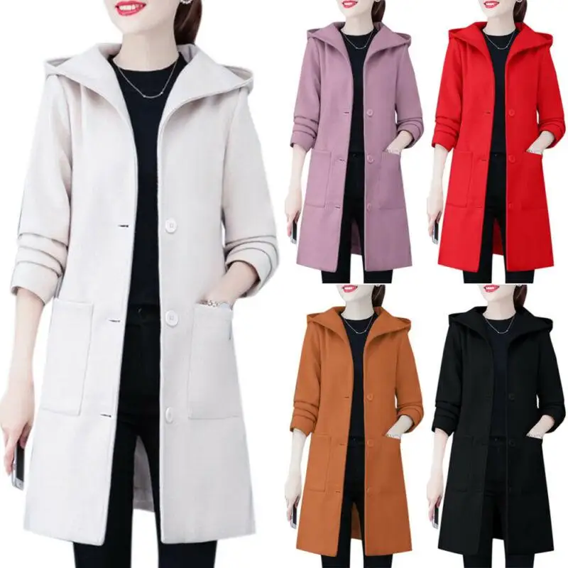 Winter Solid Button Coat Women Hooded Coat Female Warm Woolen Coat Casual Hooded Overcoat Plus Size Long Trench Jacket
Winter Solid Button Coat Women Hooded Coat Female Warm Woolen Coat Casual Hooded Overcoat Plus Size Long Trench Jacket