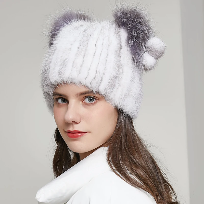 Женская шапка JKP из меха норки осень и зима с кошачьими ушками тканая защитой от