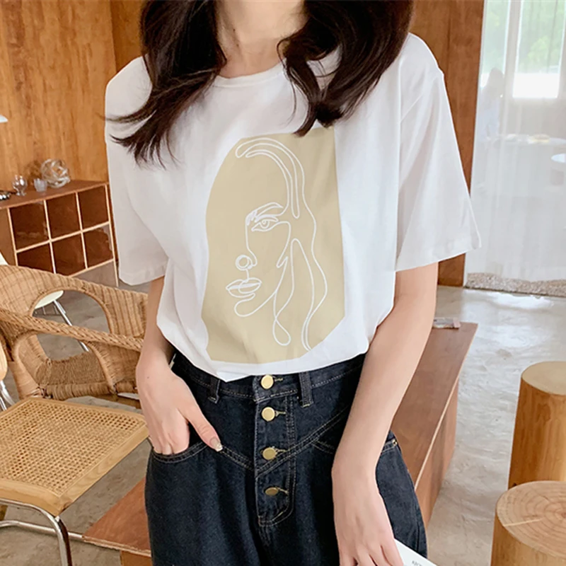 Summer Abstract Human Face Printed Women T-shirt Fashion Short Sleeve Women Tops White Tees Round-neck Female Tops 2021
Summer Abstract Human Face Printed Women T-shirt Fashion Short Sleeve Women Tops White Tees Round-neck Female Tops 2021