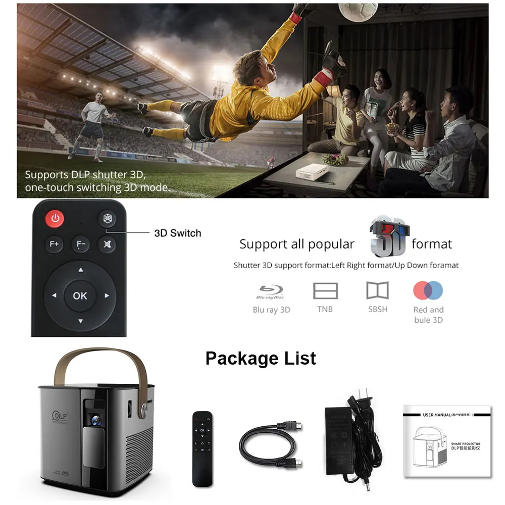 Salange P12 портативный проектор 1280x720 Android wifi HDMI USB Поддержка 3D 4k 1080P DLP с батареей 12000