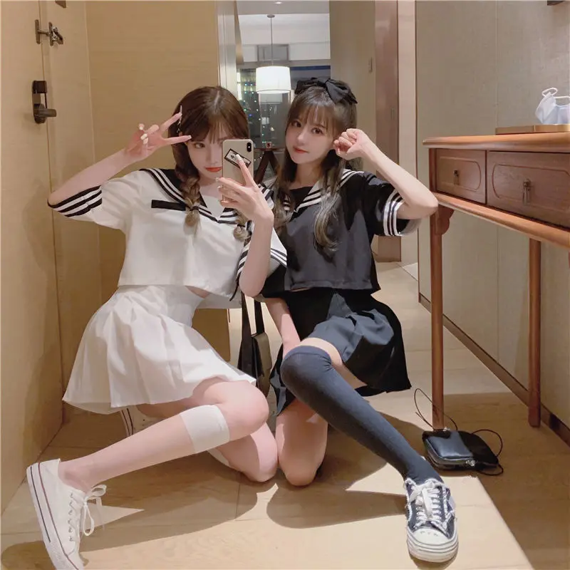 Summer Two Piece Uniform Kawaii Dresses Japanese Sailor Dress School Girl Clothes Pleated Skirt College Style Black White Female
Summer Two Piece Uniform Kawaii Dresses Japanese Sailor Dress School Girl Clothes Pleated Skirt College Style Black White Female