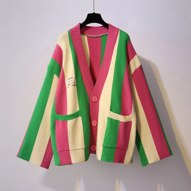 V-neck Striped Wild Loose High Street Hit Color Cardigan 2020 New Autumn Fashion Women Knitted Sweater Full Sleeve
V-neck Striped Wild Loose High Street Hit Color Cardigan 2020 New Autumn Fashion Women Knitted Sweater Full Sleeve
