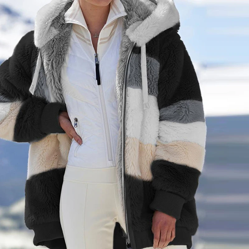 Winter Women Jacket Warm Plush Casual Loose Hooded Coat Mixed Color Patchwork Winter Outwear Faux Fur Zipper Ladies Parka Coat
Winter Women Jacket Warm Plush Casual Loose Hooded Coat Mixed Color Patchwork Winter Outwear Faux Fur Zipper Ladies Parka Coat