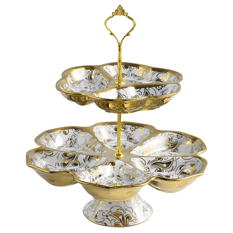 European ceramic gold inlaid double fruit plate snack cake plate candy plate ceramic tableware decorative dessert display tray
European ceramic gold inlaid double fruit plate snack cake plate candy plate ceramic tableware decorative dessert display tray