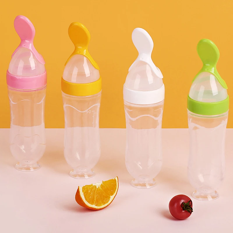 

Baby Tableware Safety Silicone Newborns Feeding Bottle Spoon All-in-one Suction Cup Non-Slip Kids Juice Rice Cereal Feeders