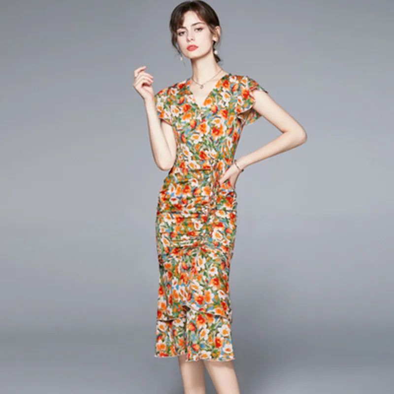 Vintage Women Summer Elegant Mermaid Dress High Quality Floral printing Party Robe Femme V-Neck Designer Bodycon Dress Vestidos
Vintage Women Summer Elegant Mermaid Dress High Quality Floral printing Party Robe Femme V-Neck Designer Bodycon Dress Vestidos