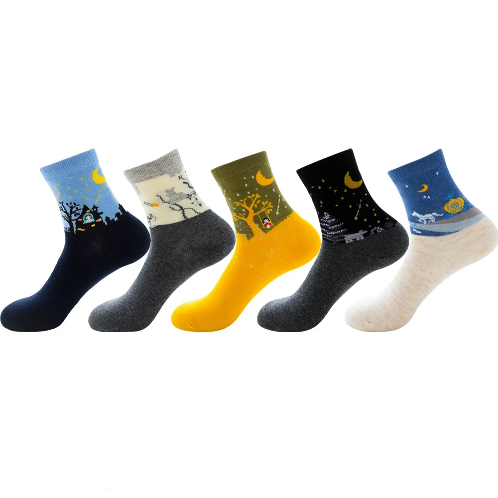 Милые женские носки Kawaii забавные милые с рисунком Calcetines звездное небо луна