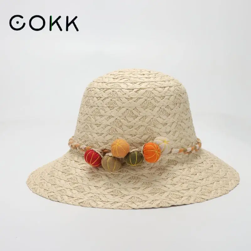 

COKK Summer Hats For Women Straw Sun Hat Ladies Wide Brim Pumpkin Rope Chain Beach Sunshade Panama Cap Gorro Bucket Floppy New