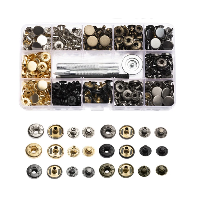 60- 150PCS Set Leather Snap Fasteners Kit 12.5mm Metal Button Snaps Press Studs with 4 Tools 6 Color Leather Snaps for Clothes
60- 150PCS Set Leather Snap Fasteners Kit 12.5mm Metal Button Snaps Press Studs with 4 Tools 6 Color Leather Snaps for Clothes
