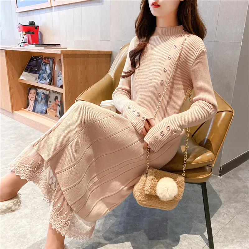 Women Sweater Dresses Fall Winter Korean Fashion Lace Patchwork Knitted Dress Female Elegant Slim Long Base Clothes
Women Sweater Dresses Fall Winter Korean Fashion Lace Patchwork Knitted Dress Female Elegant Slim Long Base Clothes