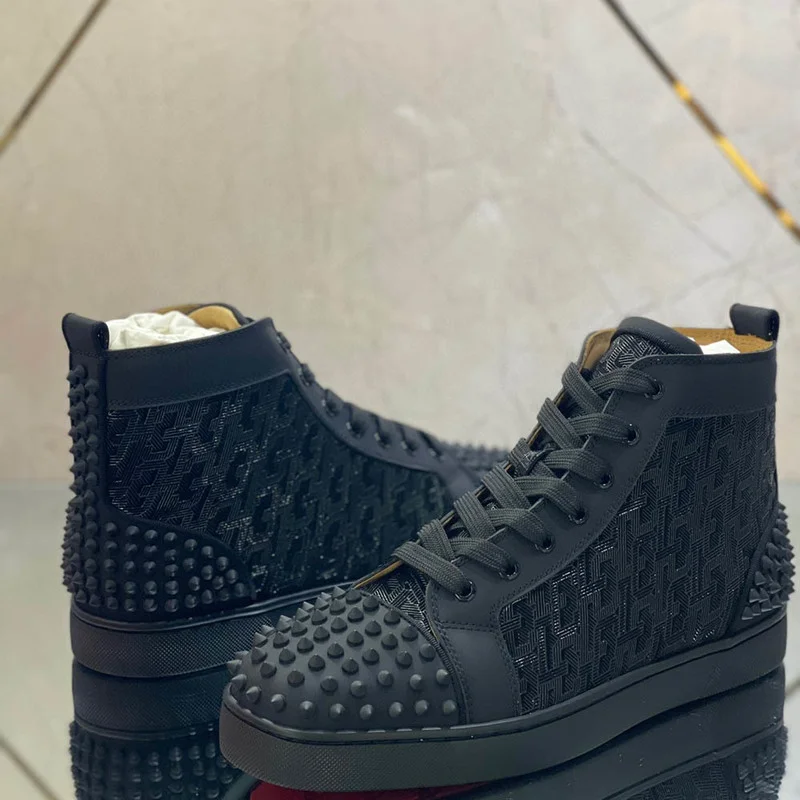 High Top Red Bottom Luxury Black Graffiti Leather Shoes For Men Spikes Casual Flats Loafers Rivets Toecap Heel Women Sneakers
High Top Red Bottom Luxury Black Graffiti Leather Shoes For Men Spikes Casual Flats Loafers Rivets Toecap Heel Women Sneakers