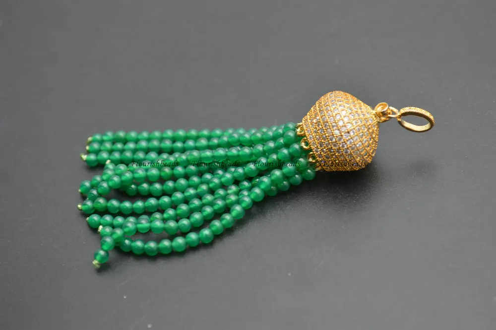 

Paved CZ Metal Crown Bead Cap Natural Green Onyx Agate Stone Round Beads Tassel Pendants