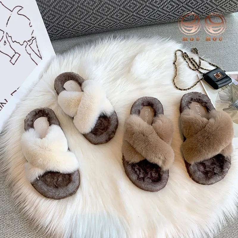 

Net red thick-soled imitation mink fur slippers women's outer wear 2021 autumn and winter new fur flat-bottom slippers women