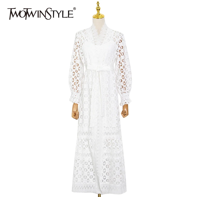 TWOTWINSTYLE White Dress For Women V Neck Lantern Long Sleeve Hollow Out High Waist Lace Up Plus Size Dresses Female 2021 Style
TWOTWINSTYLE White Dress For Women V Neck Lantern Long Sleeve Hollow Out High Waist Lace Up Plus Size Dresses Female 2021 Style