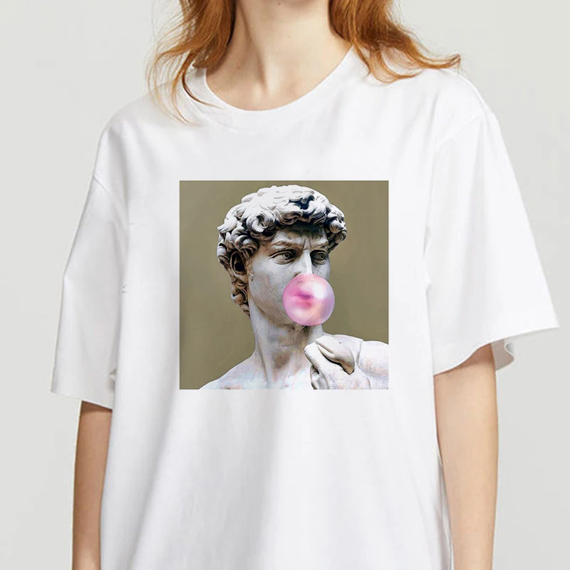 New summer spoof Cute David Sculpture Printed TShirt Blowing Bubble Gum Funny Print Tshirt Short Sleeve Miguel Angel TShirt
New summer spoof Cute David Sculpture Printed TShirt Blowing Bubble Gum Funny Print Tshirt Short Sleeve Miguel Angel TShirt