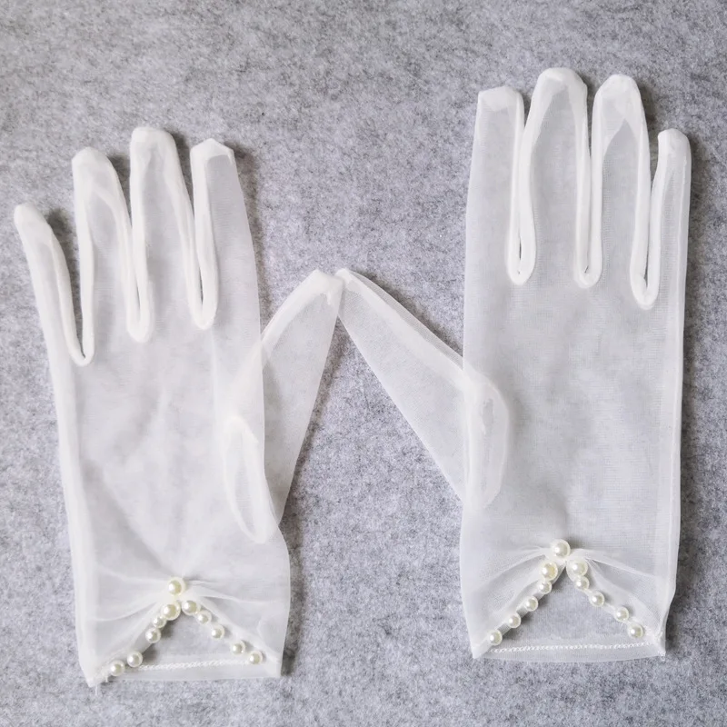 White Tulle Bidal Wedding Gloves For Bride Prom Party Dress With Women Pearl Beaded Sheer Guantes Transparentes | Свадьбы и