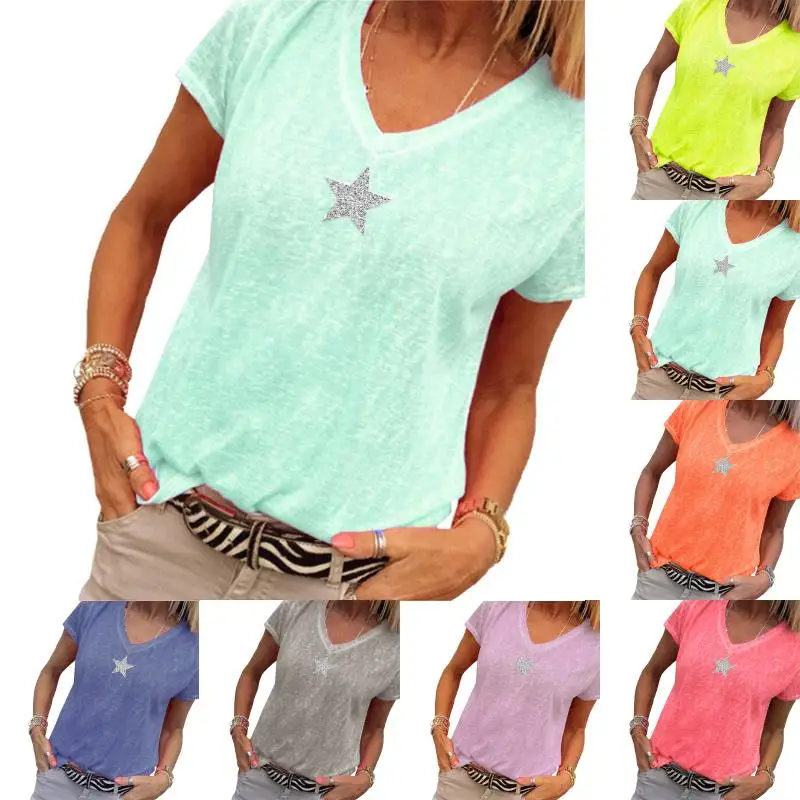 Women Short Sleeve Vneck Star Printed Tshirt Ladies Loose Casual Knitted Tops Femal Outwear Summer
Women Short Sleeve Vneck Star Printed Tshirt Ladies Loose Casual Knitted Tops Femal Outwear Summer